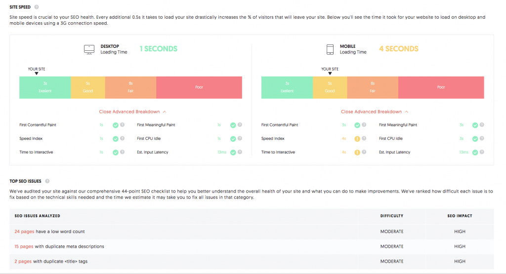 Screenshot van speed audit tool toont technische SEO factoren voor hoger in Google ranking
