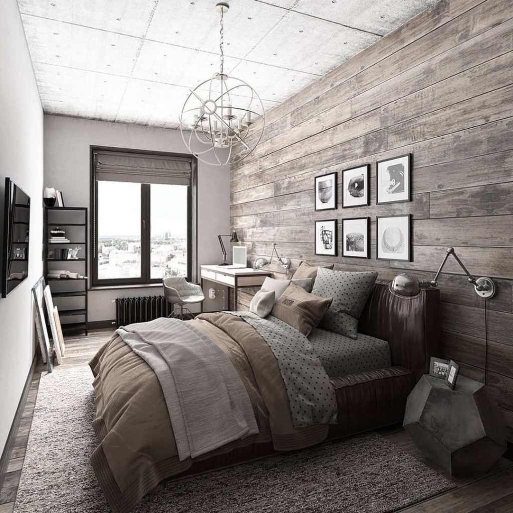 Moderne industriële slaapkamer inrichting met hanglampen en decoratie