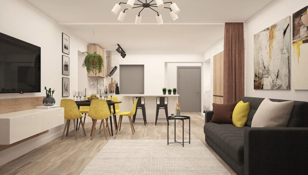 Minimalistisch interieur met lege ruimte, neutrale kleuren en functionele bankmeubel