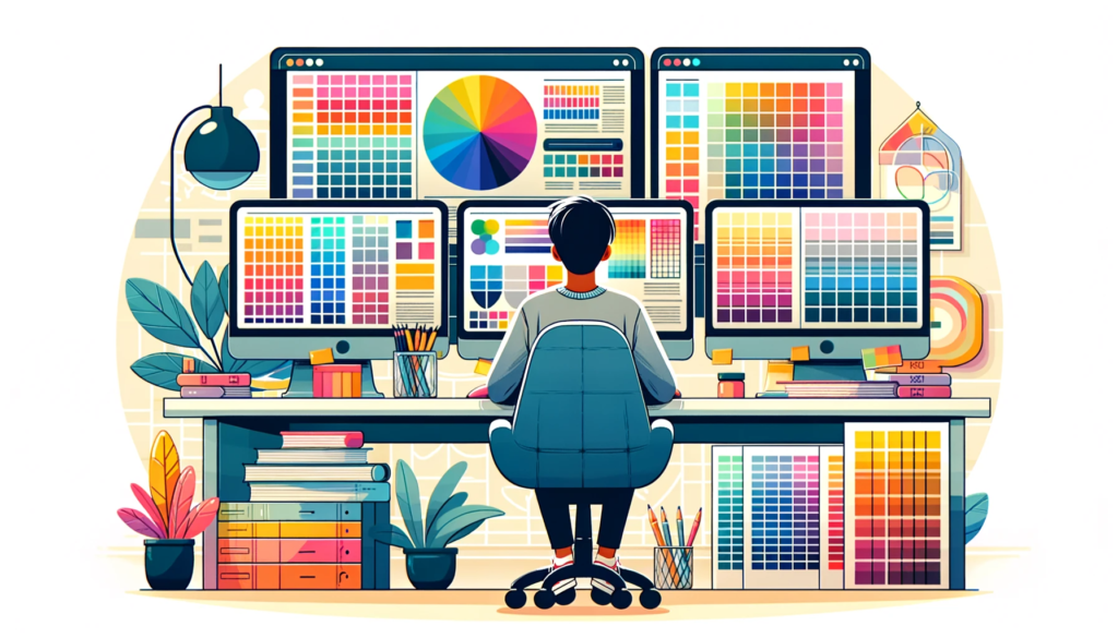 Vier verschillende kleurenschema's voor websites met voorbeelden van kleurcombinaties en hun toepassing in webdesign